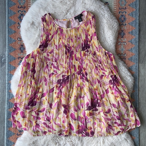 Halogen pleated sleeveless top babydoll swing tank top floral yellow purple M - Picture 3 of 16